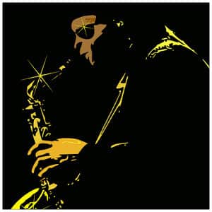 Dark black background with golden drawn image of a man playing a saxophone