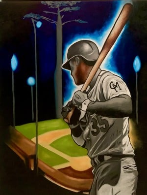 Beautiful artist's drawing of a black baseball player in uniform, holding a bat near a baseball diamond