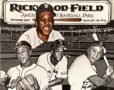 An artist's drawing of a group of black baseball players with ballpark sign above