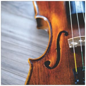 A beautiful mahogany colored violin sitting on a grey table - photo by providence doucet www.unsplash.com