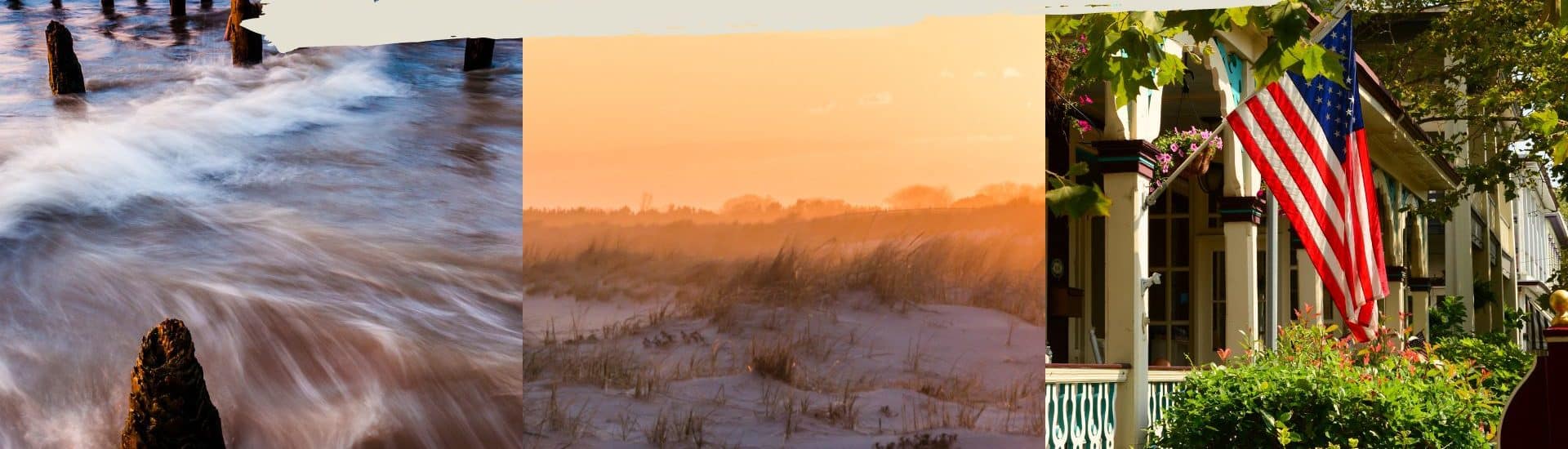 3 pictures of Cape May: water swirling around pylons, sunrise at beach with snow, American flag on front porch of Victorian home. Text says, “Cape May NJ: 4 Season Destination.”