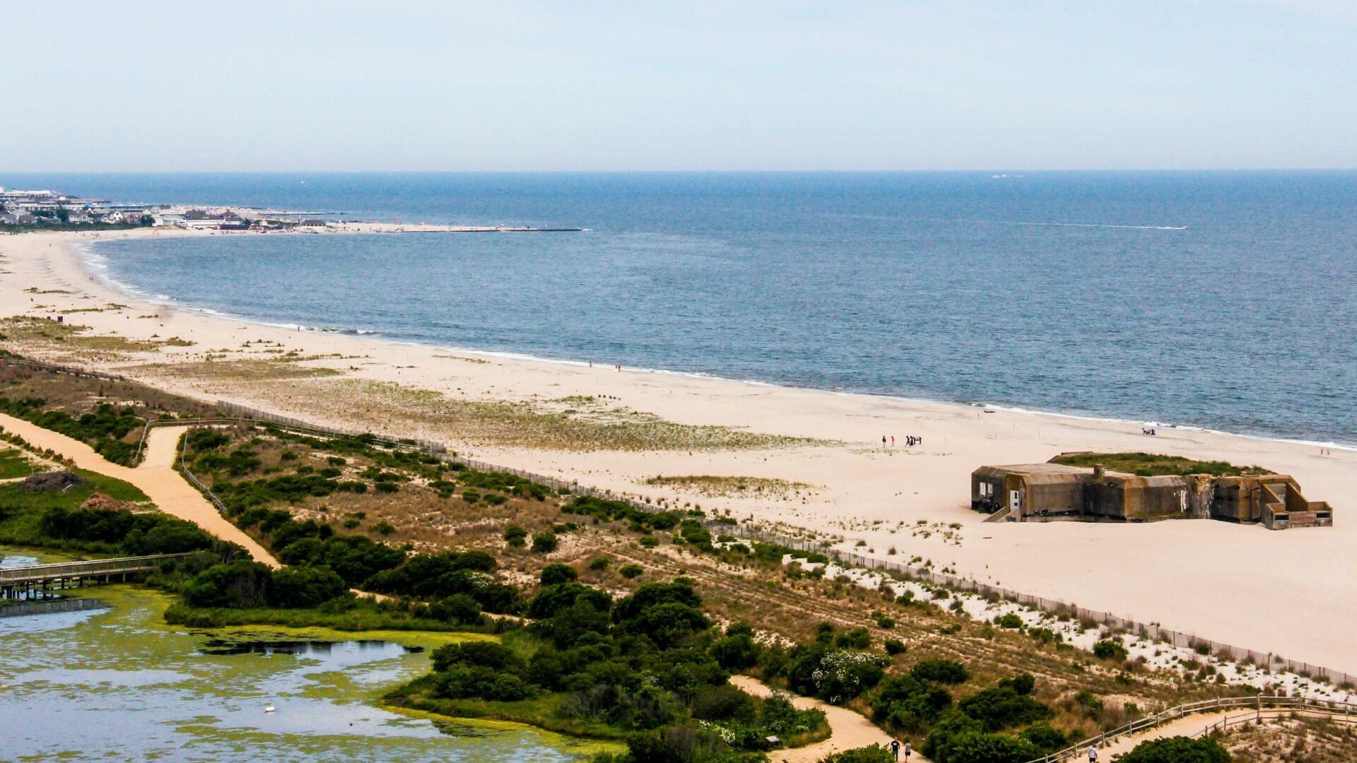 Strip of narrow land along Cape May point with water on either side