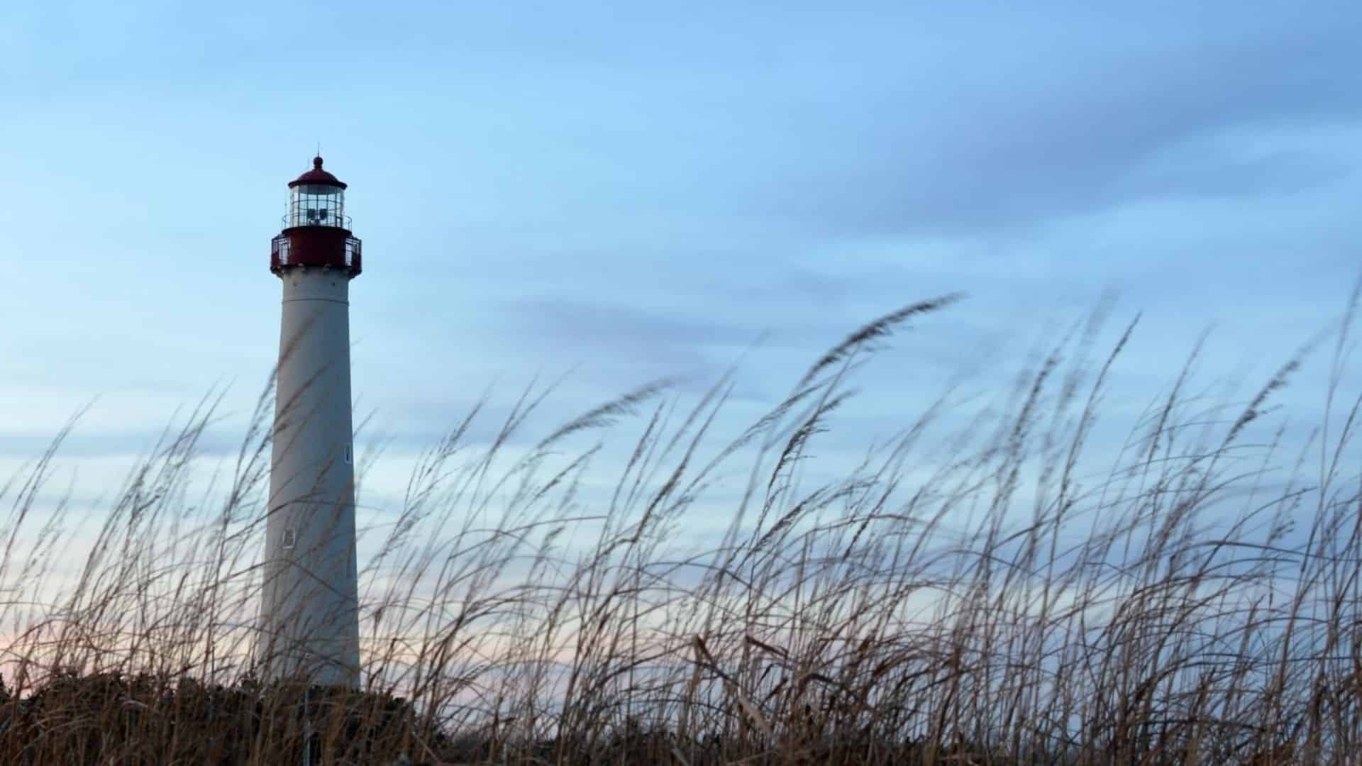 Cape May Lighthouse with sea grass blowing in foreground