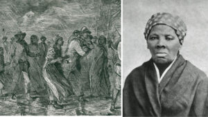 2 image collage: slaves fleeing to an underground railroad depot, harriet tubman