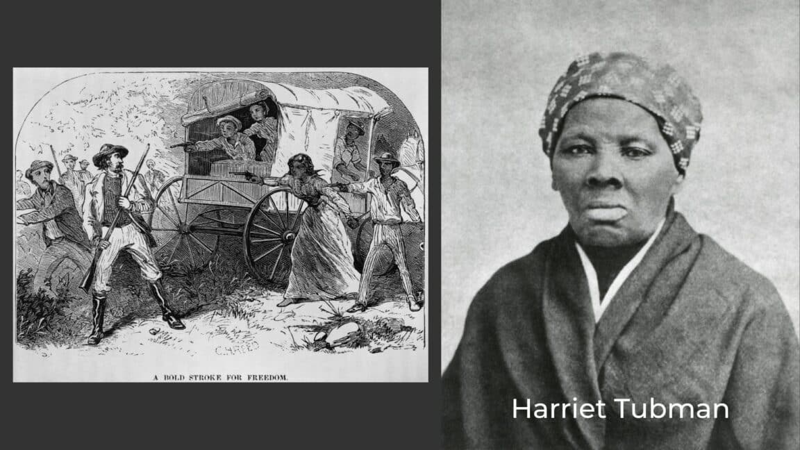 lithograph of enslaved people fighting with enslavers insert of a portrait of harriet tubman