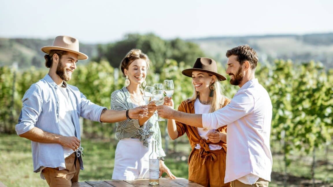 a group of friends standing at a vineyard clinking glasses and smiling with green vines and hills in the background
