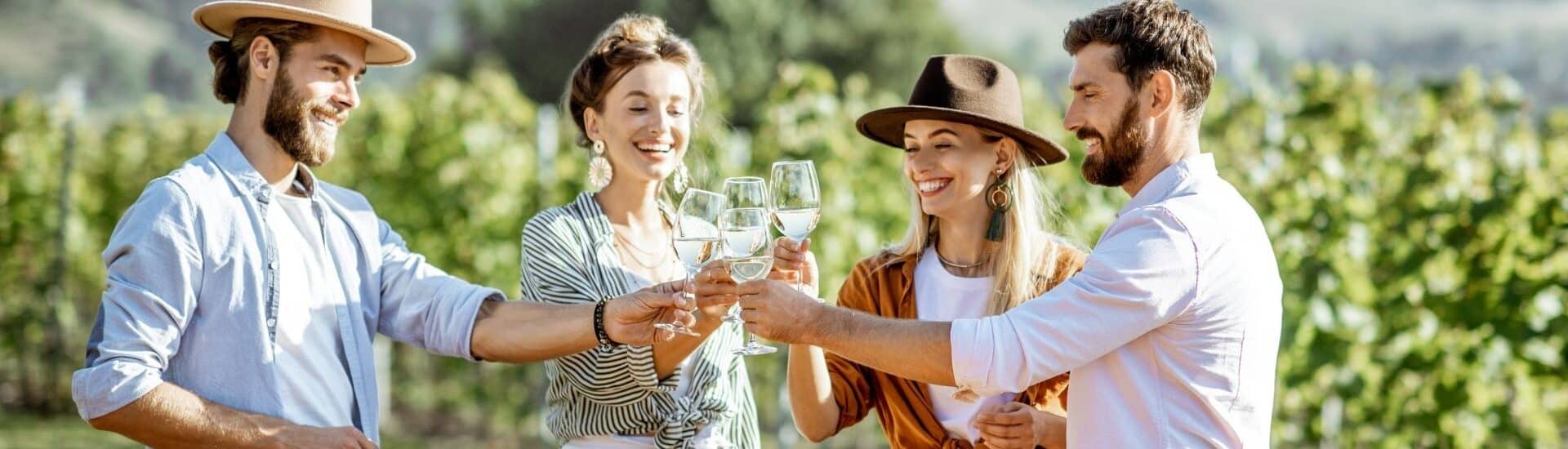 a group of friends standing at a vineyard clinking glasses and smiling with green vines and hills in the background