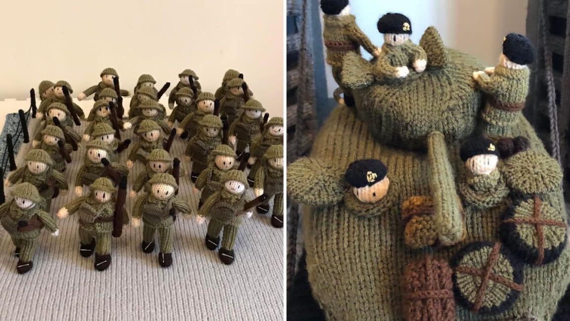 Two photos of crocheted D-day soldier figures; one has a marching troupe, and the other shows soldiers on a crocheted tank.