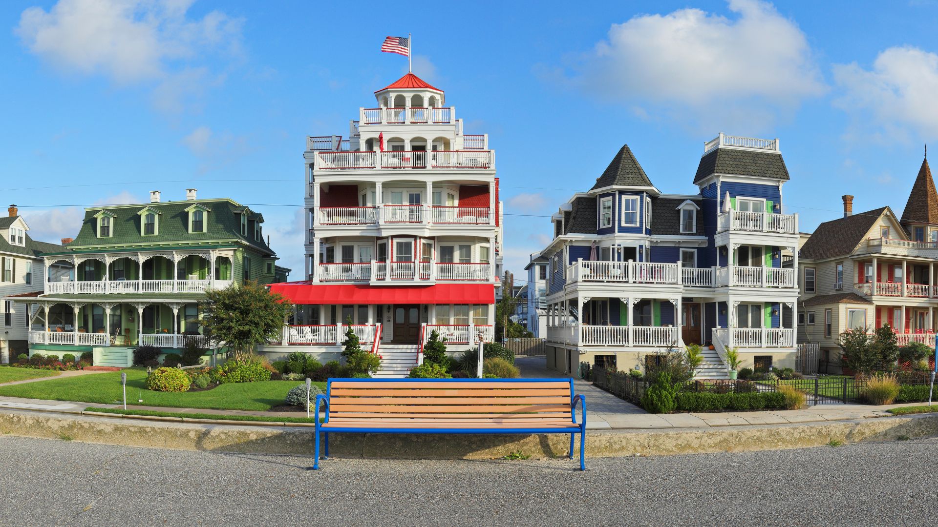 Row of Victorian homes along Beach Rd, Cape May NJ