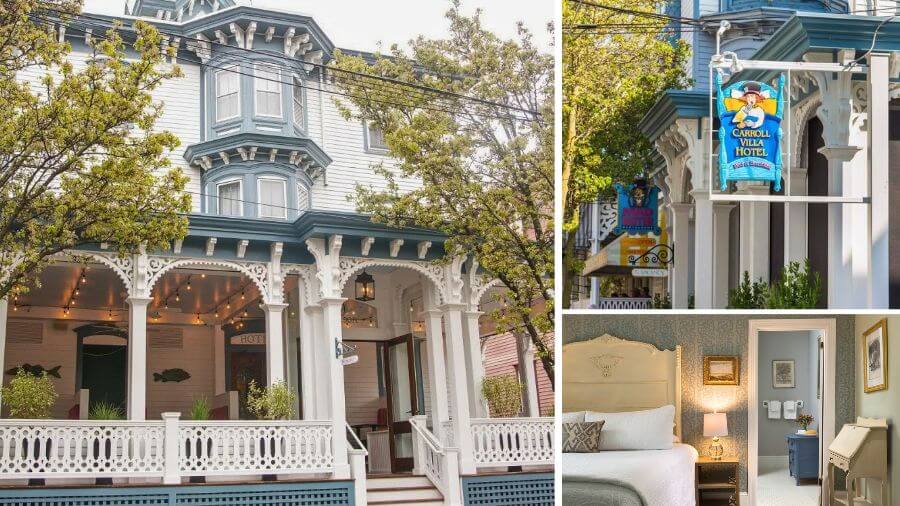 Victorian front porch, hanging sign, and a guest room at Carroll Villa Hotel and the Mad Batter in Cape May NJ.