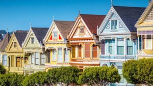 a row of “the painted ladies” — brightly colored victorian houses