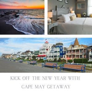 Grid graphic with beach, guest room and street lined with Victorian homes and benches