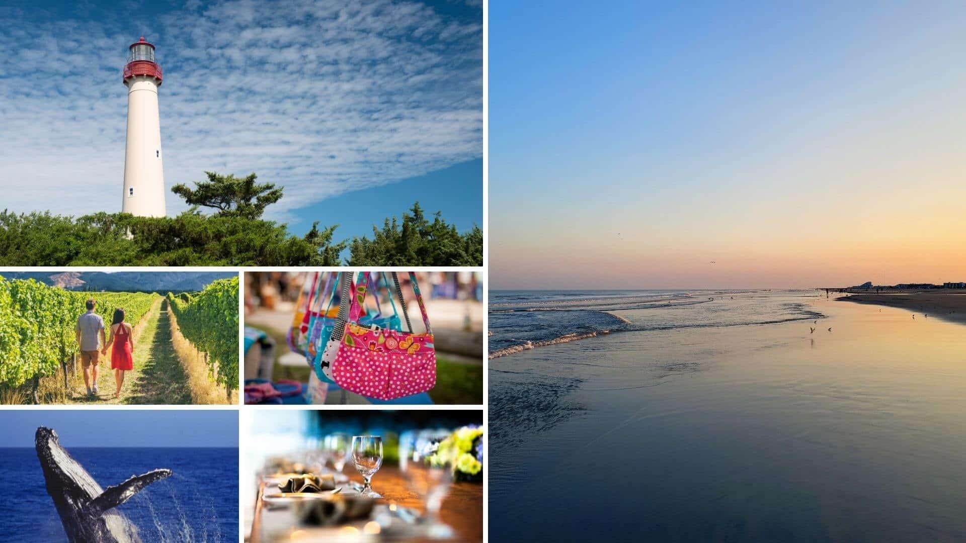6 photos of Cape May NJ: Sunset on the beach, Cape May Lighthouse, a couple walking through a vineyard, craft shop displaying purses, a whale breaching the water, dinner at a restaurant