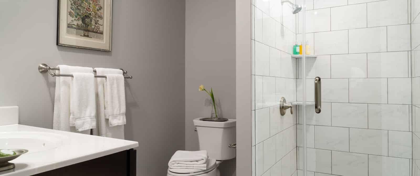 Bathroom with marble tiled shower, gray walls, and dark wooden vanity