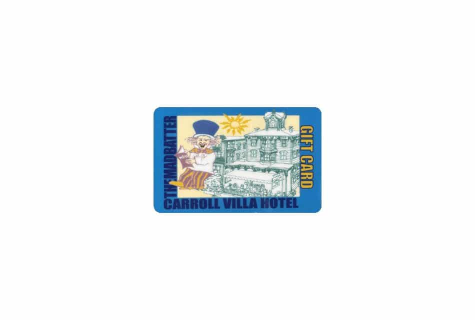 Carroll Villa Hotel and The Mad Batter Gift Card with line drawing of the Mad Batter icon and property