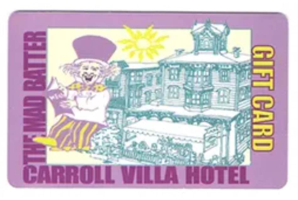 Carroll Villa Hotel and The Mad Batter Gift Card with line drawing of the Mad Batter icon and property