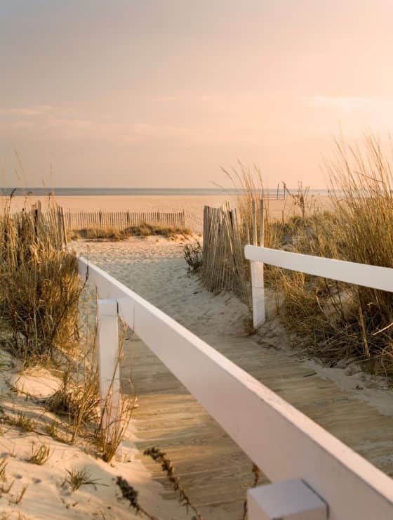Wooden boardwalk with white rails leading out to sandy beach