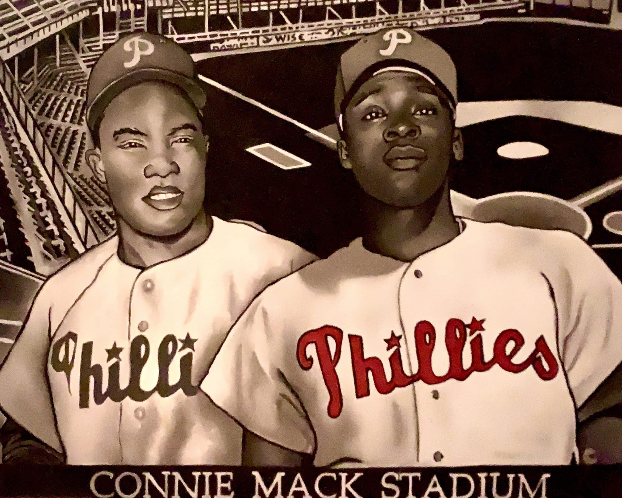 An artist's drawing of two black baseball players with Phillies jerseys 