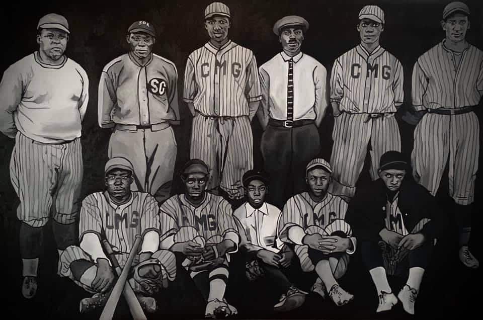 An artist's black and white drawing of a Negro Leagues baseball team 