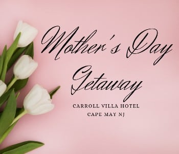 White tulips on a pink background with black text "Mother's Day Getaway"