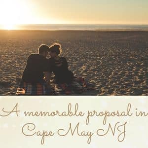 A couple sitting on a beach at sunset with text below about a proposal in Cape May NJ