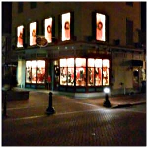 Night view of a corner street on Washington Street Mall in Cape May, NJ